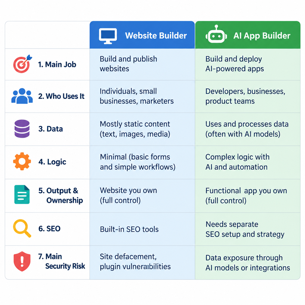 App Builder vs Website Builder Comparison Table
